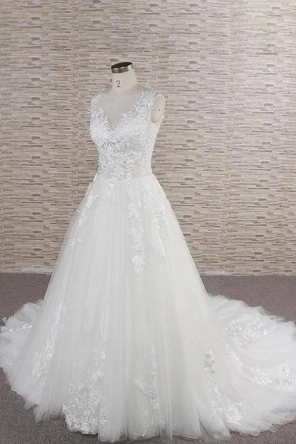 Long A-line Sweetheart Applqiues Lace Tulle Wedding Dress by BIZTUNNEL