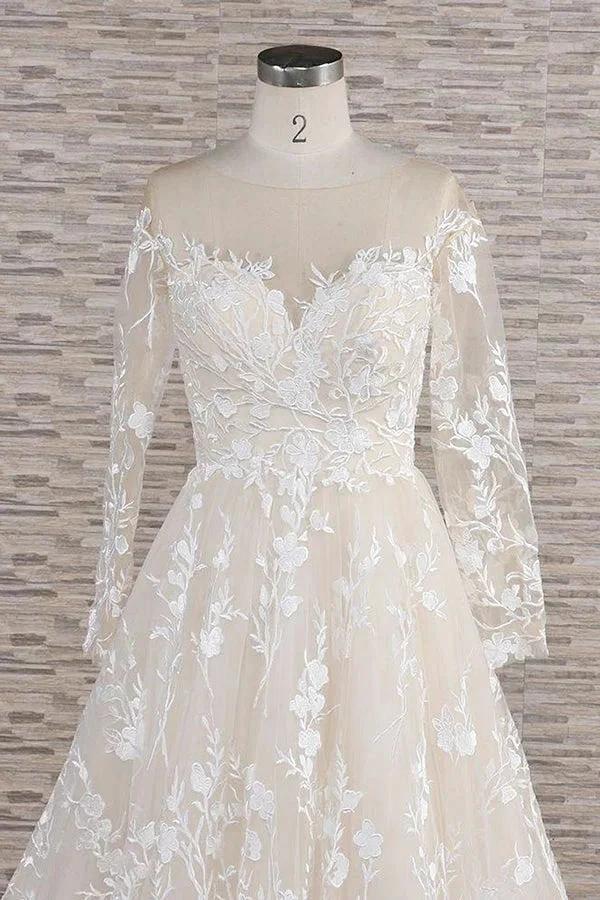 Long A-line Sweetheart Applqiues Tulle Wedding Dress with Sleeves by BIZTUNNEL