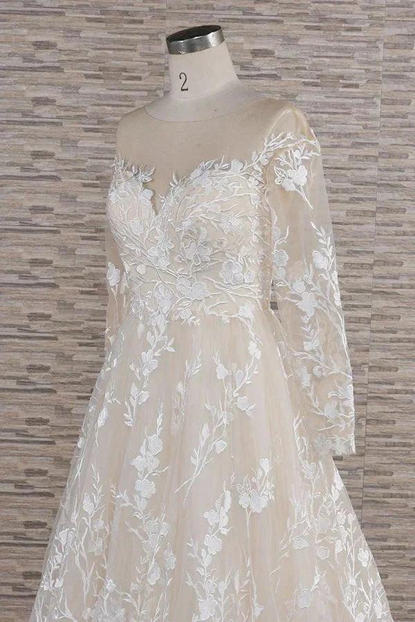 Long A-line Sweetheart Applqiues Tulle Wedding Dress with Sleeves by BIZTUNNEL