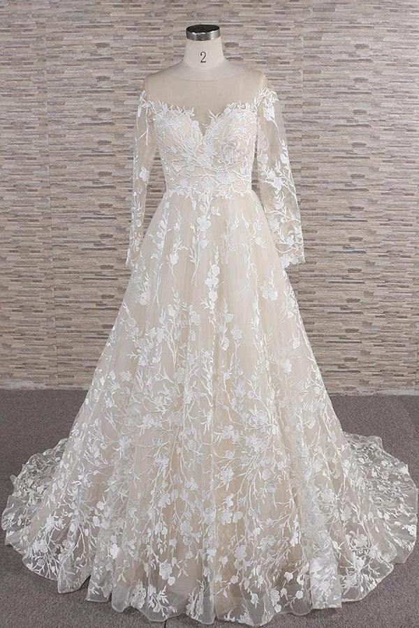 Long A-line Sweetheart Applqiues Tulle Wedding Dress with Sleeves by BIZTUNNEL