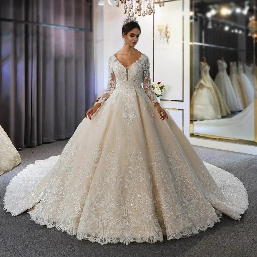 Long A-Line Sweetheart Backless Appliques Lace Sequins Wedding Dress with Sleeves by BIZTUNNEL