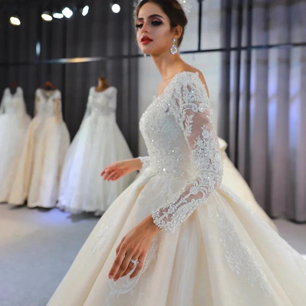 Long A-Line Sweetheart Backless Appliques Lace Sequins Wedding Dress with Sleeves by BIZTUNNEL