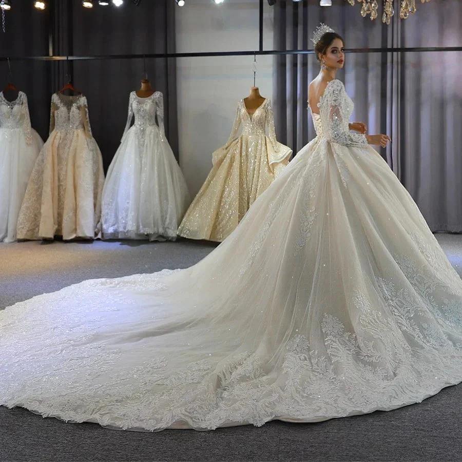Long A-Line Sweetheart Backless Appliques Lace Sequins Wedding Dress with Sleeves by BIZTUNNEL