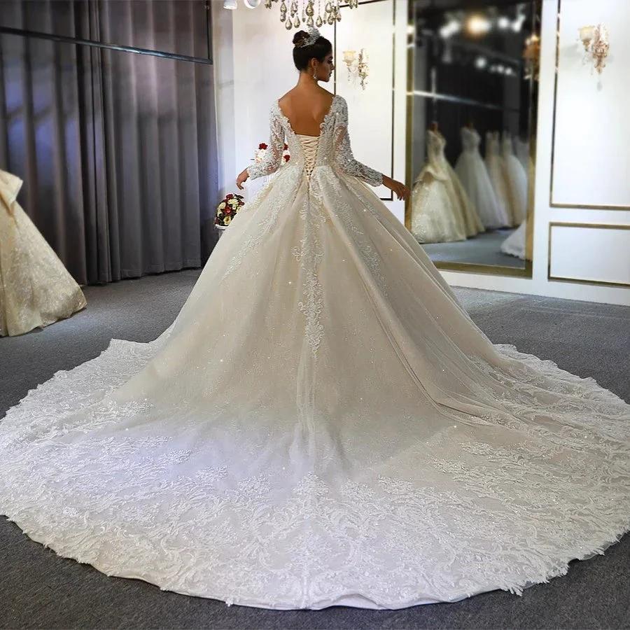 Long A-Line Sweetheart Backless Appliques Lace Sequins Wedding Dress with Sleeves by BIZTUNNEL