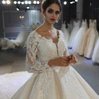 Long A-Line Sweetheart Backless Appliques Lace Sequins Wedding Dress with Sleeves by BIZTUNNEL