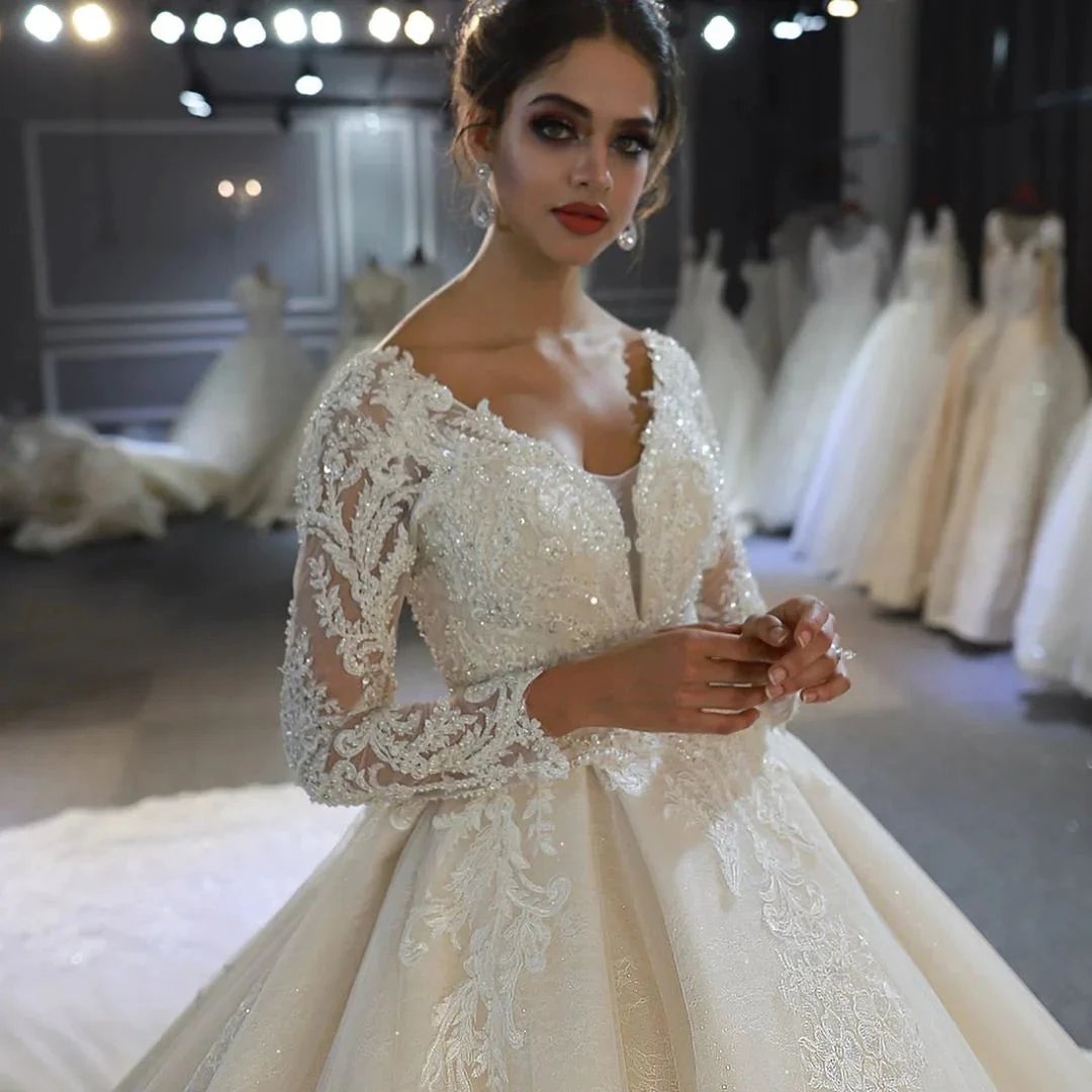 Long A-Line Sweetheart Backless Appliques Lace Sequins Wedding Dress with Sleeves by BIZTUNNEL