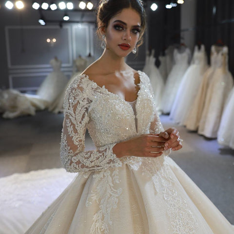 Long A-Line Sweetheart Backless Appliques Lace Sequins Wedding Dress with Sleeves