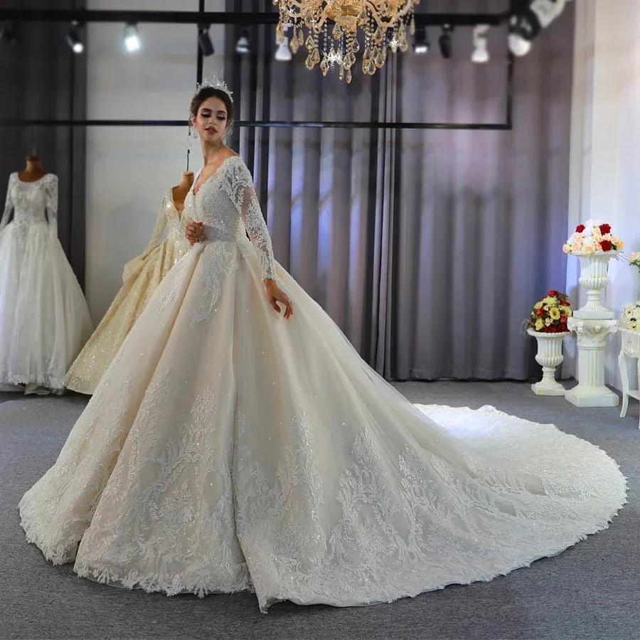 Long A-Line Sweetheart Backless Appliques Lace Sequins Wedding Dress with Sleeves by BIZTUNNEL