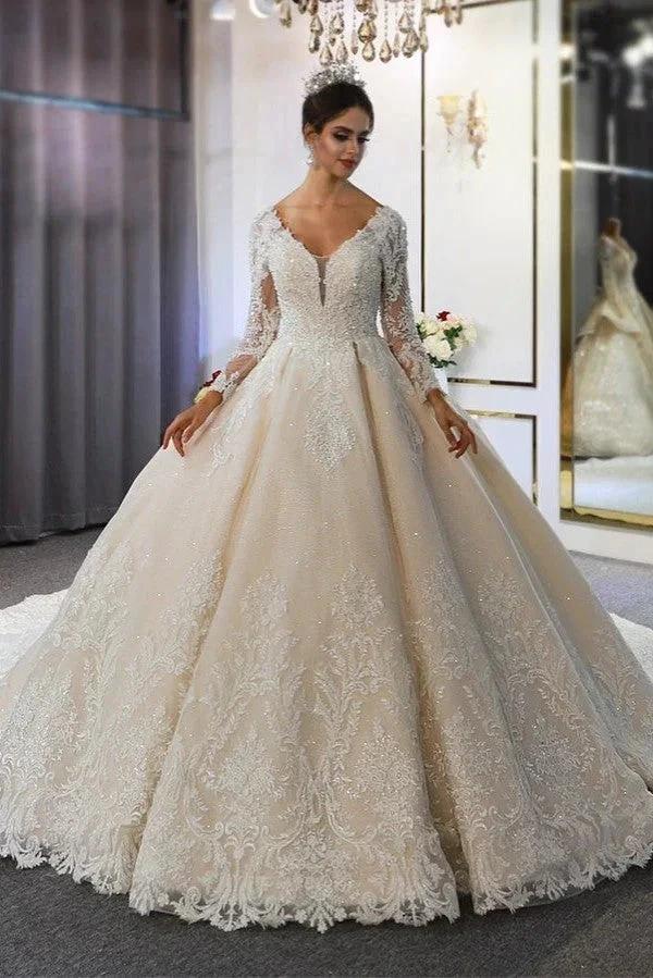 Long A-Line Sweetheart Backless Appliques Lace Sequins Wedding Dress with Sleeves by BIZTUNNEL