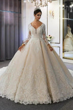 Long A-Line Sweetheart Backless Appliques Lace Sequins Wedding Dress with Sleeves by BIZTUNNEL