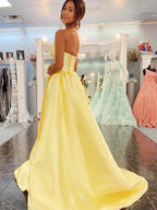 Long A-line Sweetheart Backless Satin Prom Dress Yellow Formal Graduation Evening Dresses by BIZTUNNEL