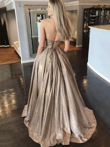 Vestidos de fiesta formales brillantes con bolsillos, escote en A, espalda descubierta y escote en forma de corazón