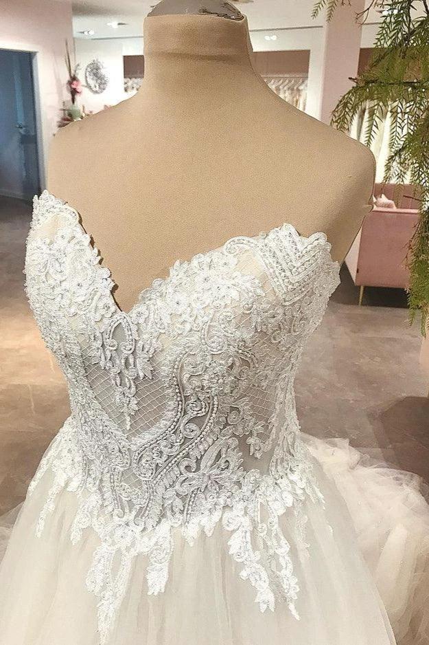 Long A-Line Sweetheart Backless Tulle Appliques Lace Wedding Dress by BIZTUNNEL