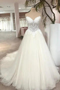 Long A-Line Sweetheart Backless Tulle Appliques Lace Wedding Dress by BIZTUNNEL