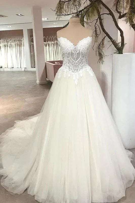 Long A-Line Sweetheart Backless Tulle Appliques Lace Wedding Dress by BIZTUNNEL