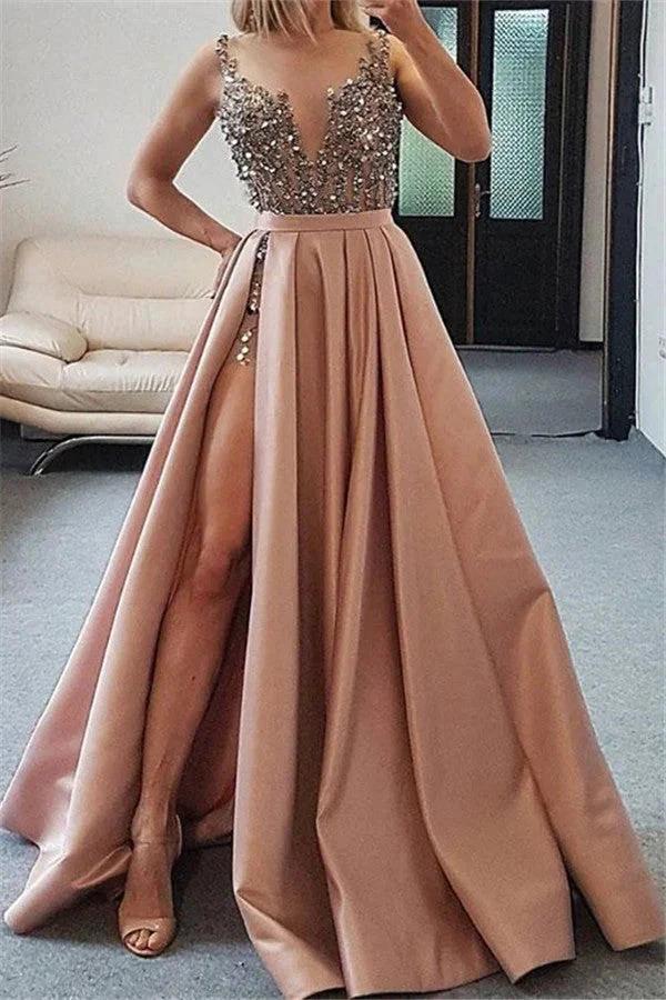 Long A-line Sweetheart Beading Satin Prom Dress with Slit by BIZTUNNEL