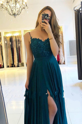 Vestido de fiesta largo de gasa con escote en forma de A y abertura