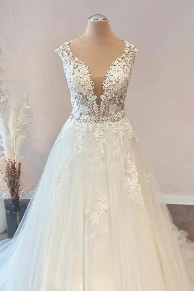 Long A-Line Sweetheart Floral Lace Tulle Wedding Dress by BIZTUNNEL