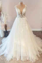 Long A-Line Sweetheart Floral Lace Tulle Wedding Dress by BIZTUNNEL