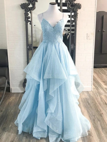 Vestidos de fiesta formales de tul esponjoso con escote en forma de A y encaje