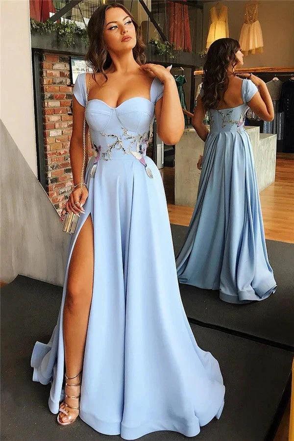Long A-line Sweetheart Front Slit Prom Dresses with Cap Sleeves by BIZTUNNEL