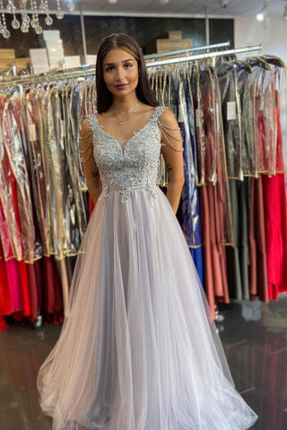 Vestido de fiesta largo de tul con escote en forma de A, encaje con cuentas y espalda descubierta