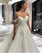 Long A-Line Sweetheart Off-the-Shoulder Appliques Lace Tulle Wedding Dress by BIZTUNNEL