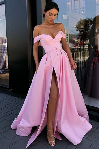 Vestido de fiesta rosa largo con escote en A, escote en forma de corazón, hombros descubiertos y abertura