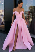Long A-line Sweetheart Off-the-shoulder Pink Prom Dress With Slit by BIZTUNNEL