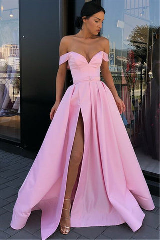 Vestido de fiesta rosa largo con escote en A, escote en forma de corazón, hombros descubiertos y abertura