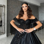 Long A-line Sweetheart Off the Shoulder Satin Black Formal Prom Dresses with Lace by BIZTUNNEL