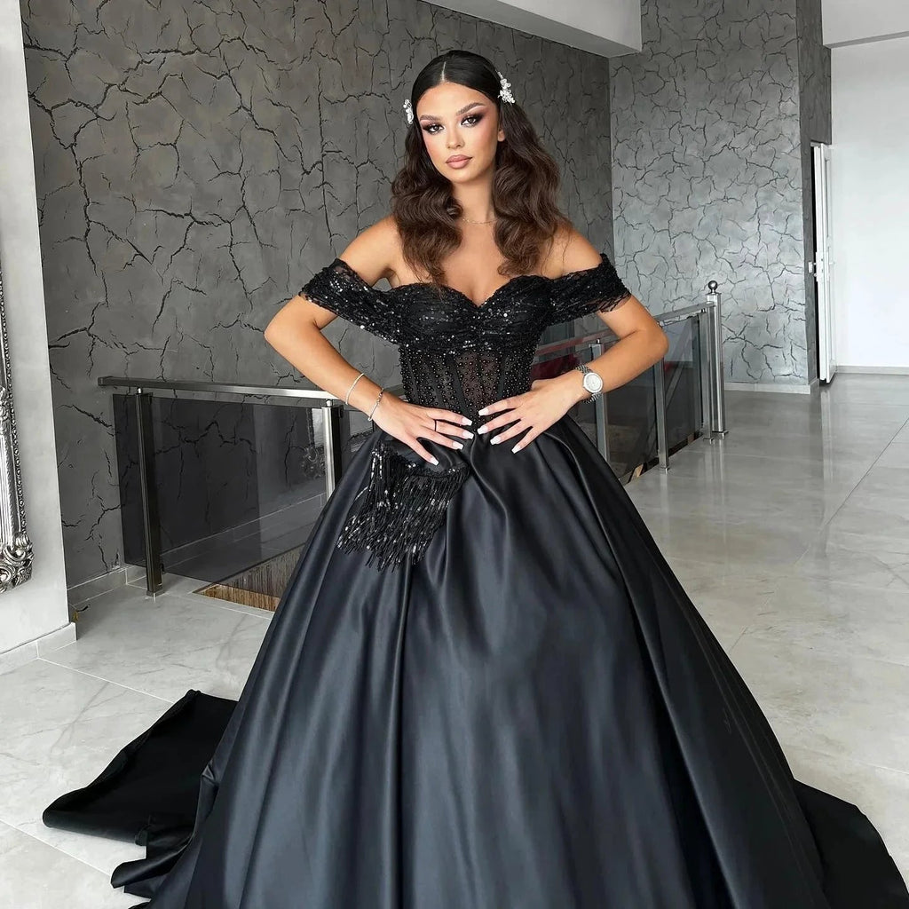 Long A-line Sweetheart Off the Shoulder Satin Black Formal Prom Dresses with Lace by BIZTUNNEL