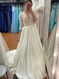 Long A-line Sweetheart Satin Lace Wedding Dress with Sleeves Ivory Bridal Gowns by BIZTUNNEL