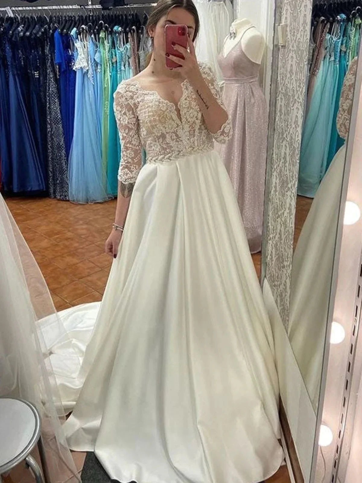 Long A-line Sweetheart Satin Lace Wedding Dress with Sleeves Ivory Bridal Gowns by BIZTUNNEL