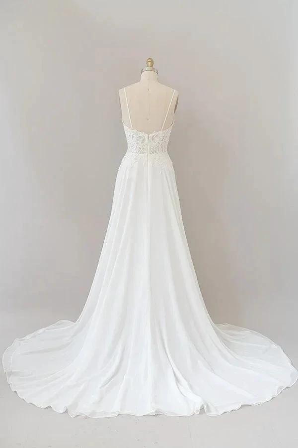 Long A-line Sweetheart Spaghetti Strap Appliques Chiffon Wedding Dress by BIZTUNNEL