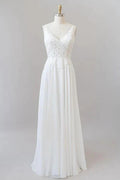 Langes A-Linien-Brautkleid aus Chiffon mit Herzausschnitt und Spaghettiträgern und Applikationen