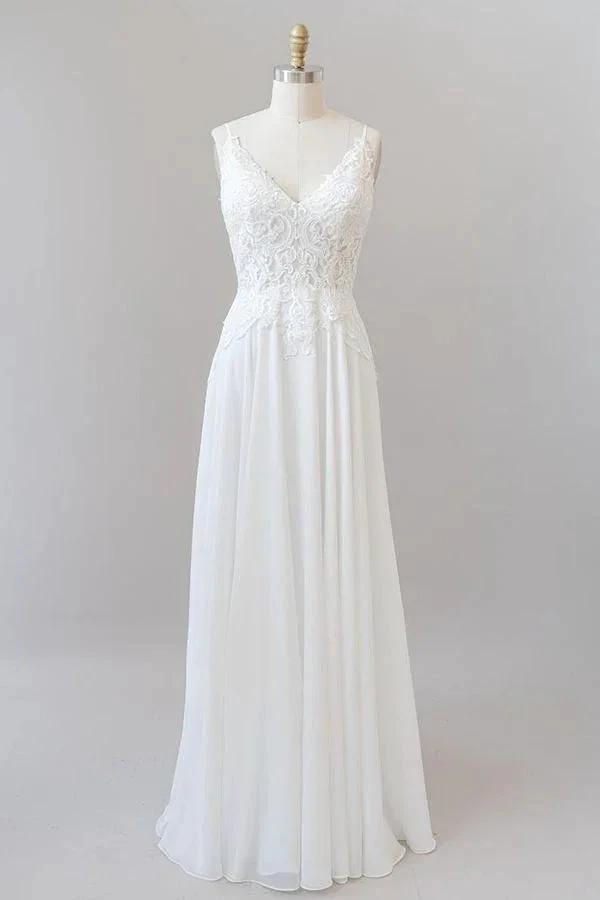 Vestido de Noiva em Chiffon com Alças Finas, Decote Coração e Aplicações, Corte Longo em Linha A