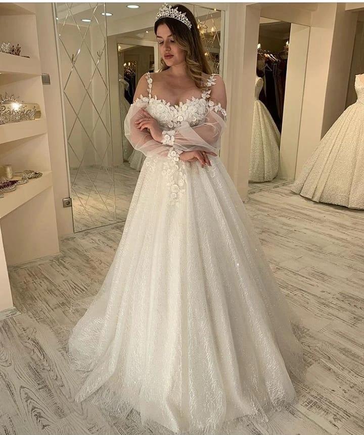Long A-line Sweetheart Spaghetti Straps Gliiter Wedding Dress with Sleeves by BIZTUNNEL