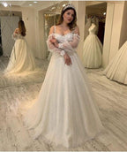 Long A-line Sweetheart Spaghetti Straps Gliiter Wedding Dress with Sleeves by BIZTUNNEL