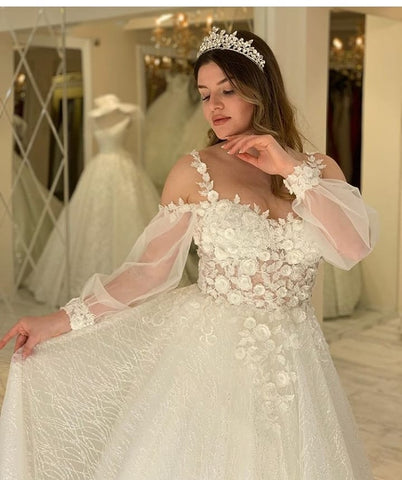 Long A-line Sweetheart Spaghetti Straps Gliiter Wedding Dress with Sleeves