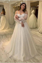 Long A-line Sweetheart Spaghetti Straps Gliiter Wedding Dress with Sleeves by BIZTUNNEL