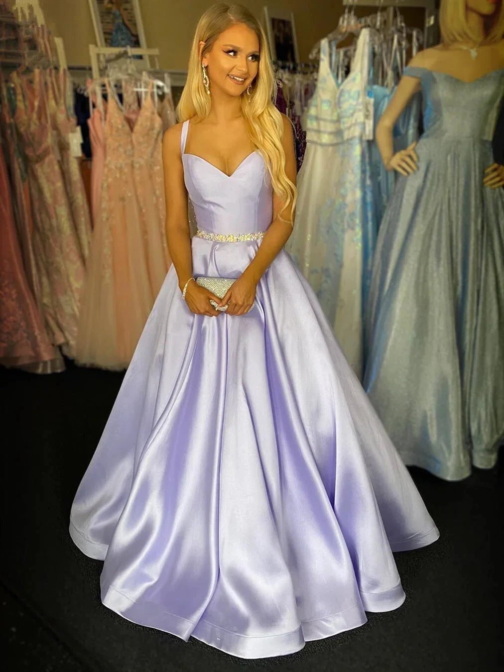 Long A-line Sweetheart Spaghetti Straps Satin Formal Prom Dresses with Pockets by BIZTUNNEL