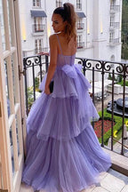 Long A-line Sweetheart Spaghetti Straps Tulle Layered Open Back Formal Prom Dress by BIZTUNNEL