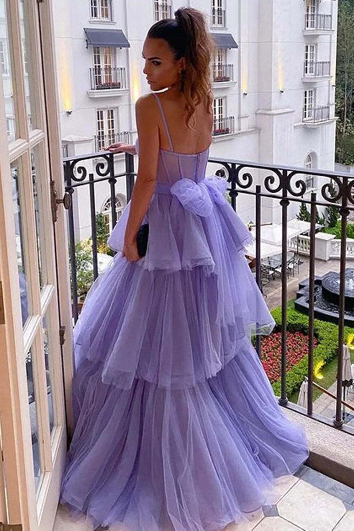 Long A-line Sweetheart Spaghetti Straps Tulle Layered Open Back Formal Prom Dress by BIZTUNNEL