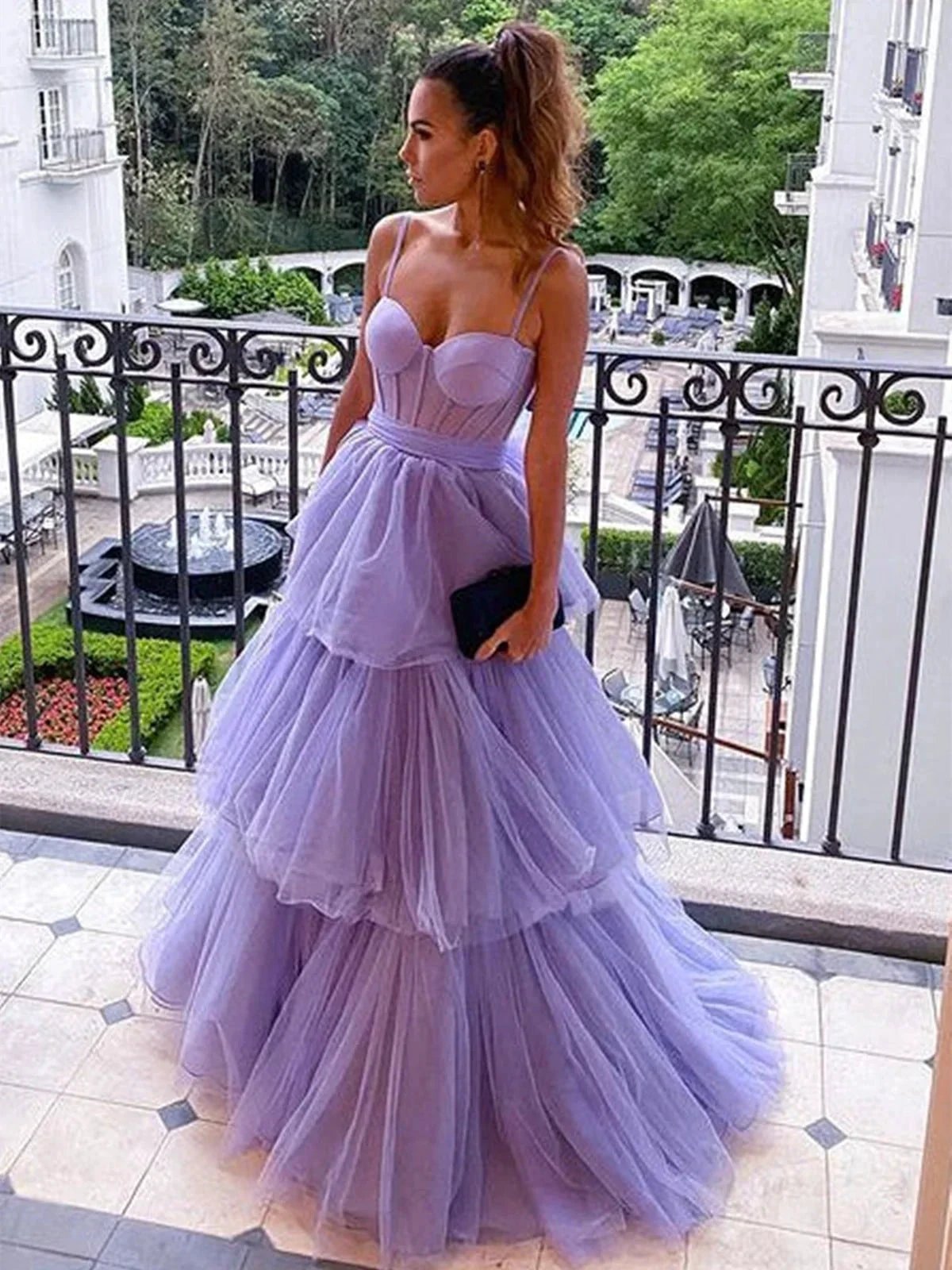 Long A-line Sweetheart Spaghetti Straps Tulle Layered Open Back Formal Prom Dress by BIZTUNNEL