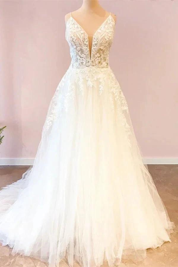 Long A-Line Sweetheart Spaghetti Straps Tulle Wedding Dress by BIZTUNNEL