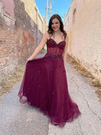 Long A Line Sweetheart Tulle Backless Prom dress Burgundy Formal Graduation Evening Dresses by BIZTUNNEL
