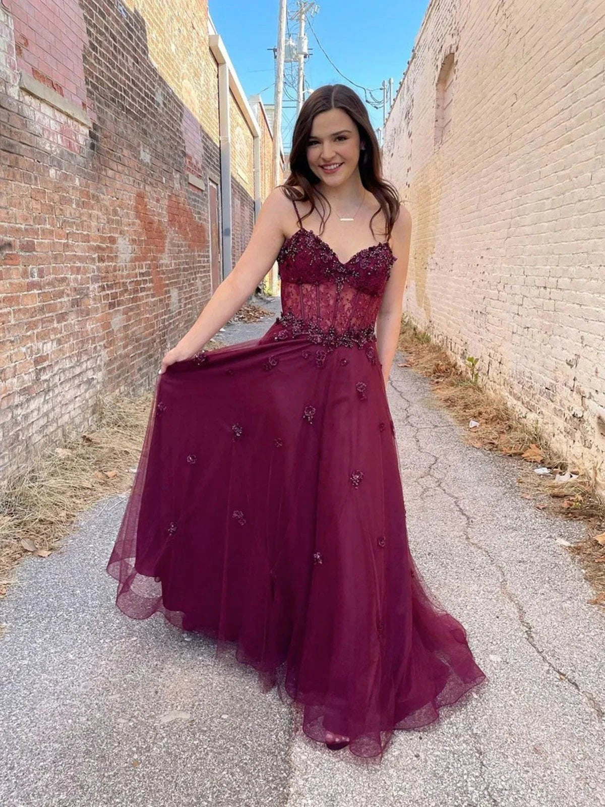 Long A Line Sweetheart Tulle Backless Prom dress Burgundy Formal Graduation Evening Dresses by BIZTUNNEL