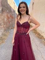 Long A Line Sweetheart Tulle Backless Prom dress Burgundy Formal Graduation Evening Dresses by BIZTUNNEL