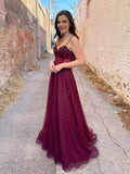 Long A Line Sweetheart Tulle Backless Prom dress Burgundy Formal Graduation Evening Dresses by BIZTUNNEL